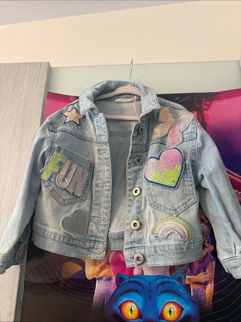 Kids Light Blue Denim Jacket with Colorful Patch Accents